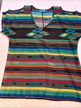 Turquoise Haven Cold-Shoulder Tunic southwestern serape and geometric Aztec L